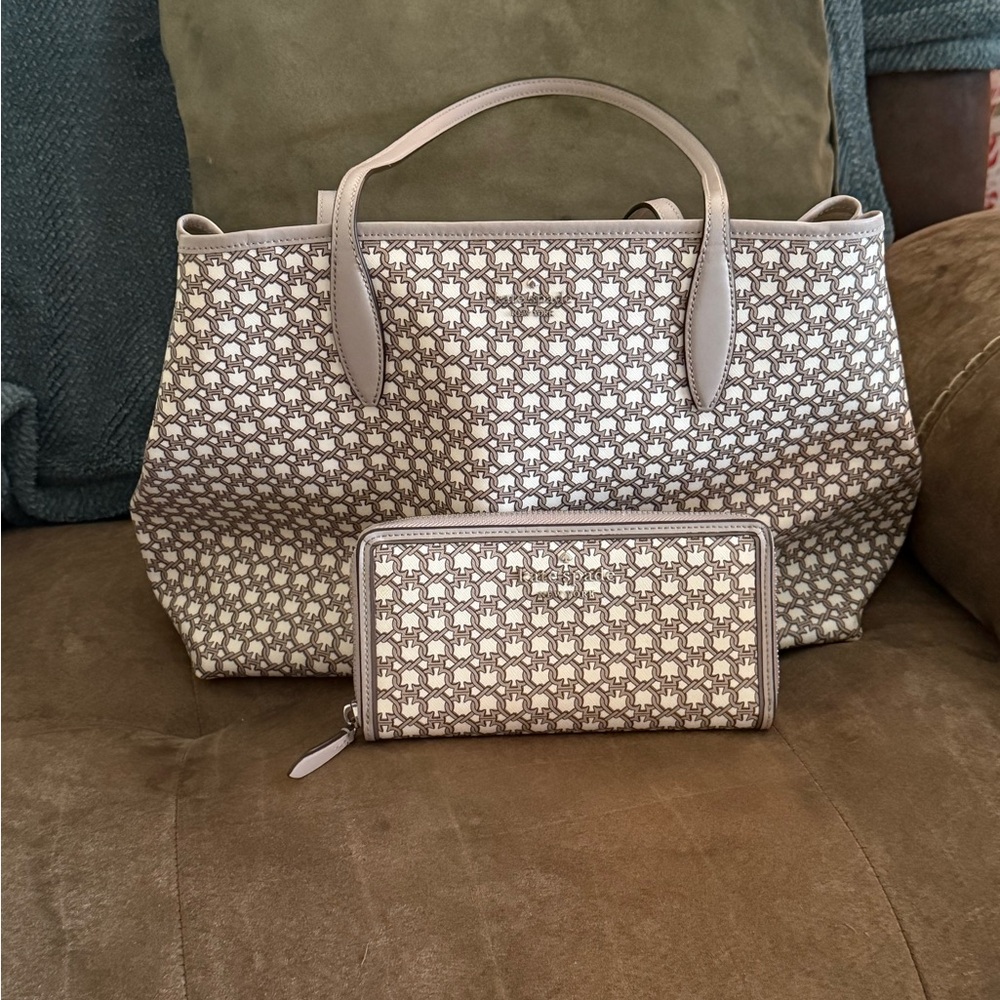 Elegant Kate Spade Beige Patterned Tote Bag and Wallet Set